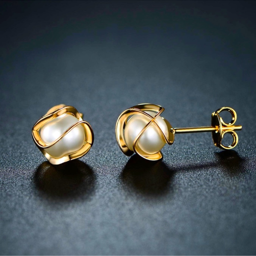 New 18k Gold Plated Caged Pearl Stud Earrings